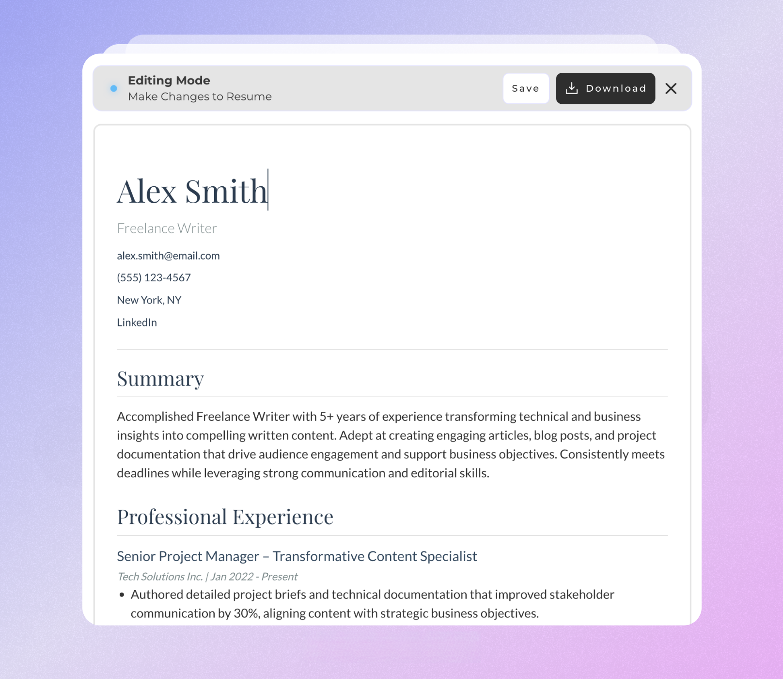 Image of resume editing feature 